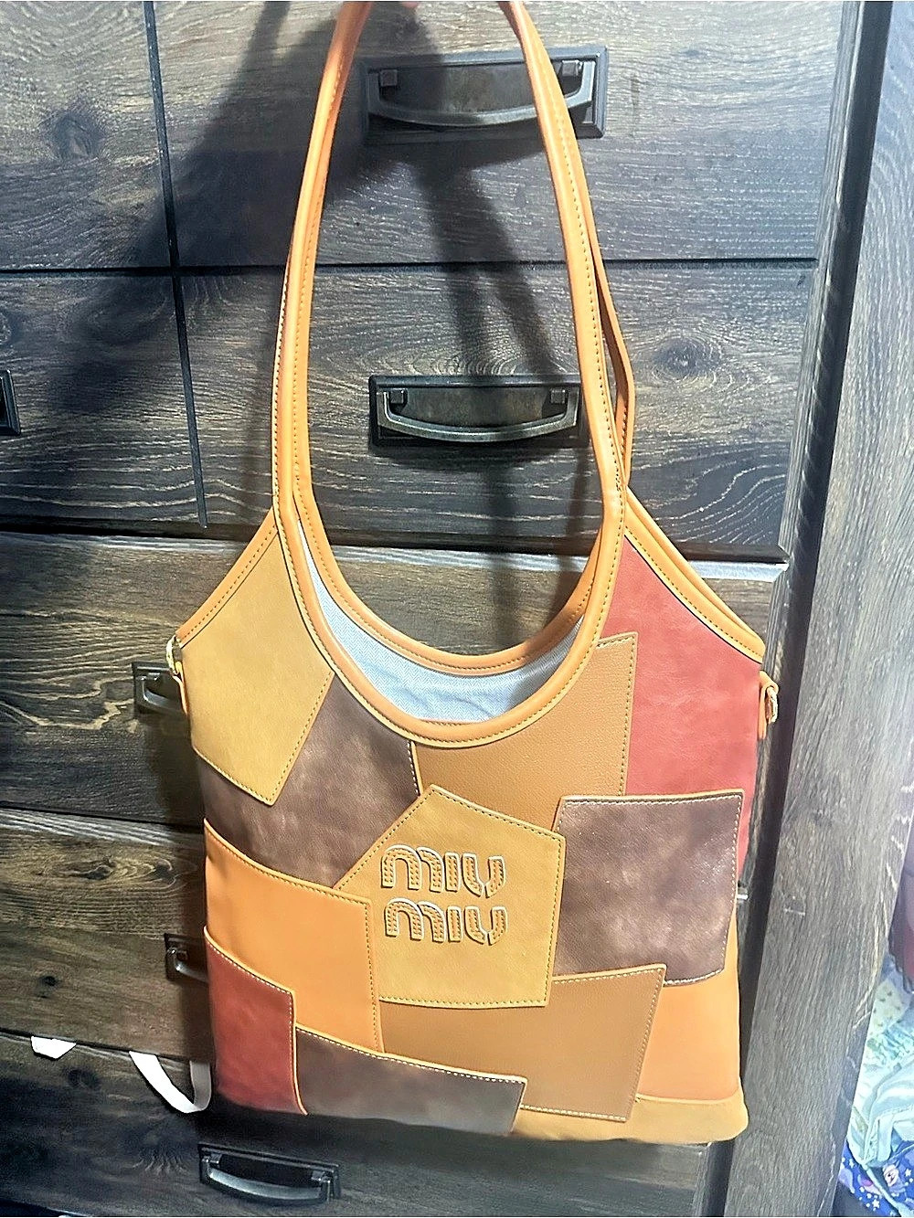 Miu Patchwork Leather Shoulder Bag Tote in Orange & Brown